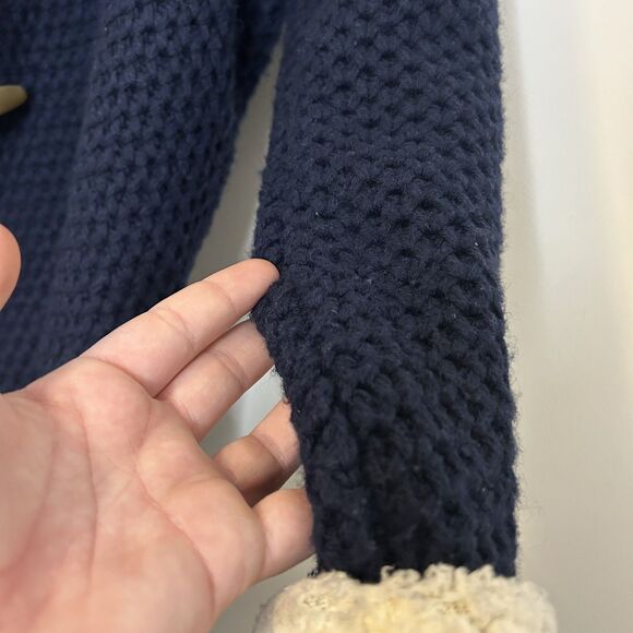 LL Bean Knit Cardigan Shearling Sherpa Lined Navy Blue Hooded Long - Large - Picture 7 of 16